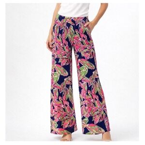 Lilly Pulitzer Bal Harbour Palazzo Pants Women Small Navy Pink Tropical Leaf